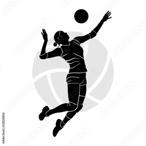 Black silhouette art of female volleyball player hitting the ball. Vector illustration