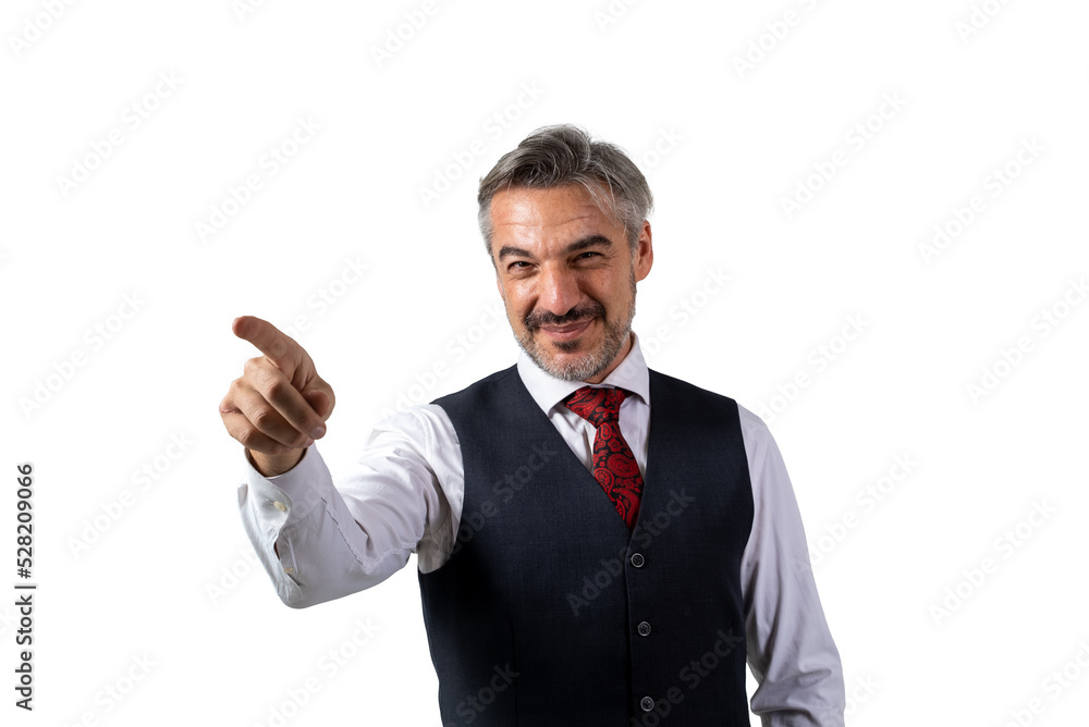 Portrait of senior Businessman standing in a suit without jacket, in waistcoat suit pointing with hand and finger. isolated on white background. Portrait of senior Businessman standing in a suit without jacket, in waistcoat suit pointing with hand and finger. isolated on white background.