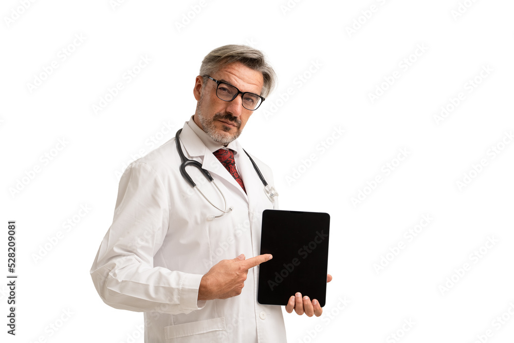 Portrait of senior doctor in doctor coat wearing stethoscope and eye glasses, Showing Digital Tablet Blank Screen. isolated on white background. Portrait of senior doctor in doctor coat wearing stethoscope and eye glasses, Showing Digital Tablet Blank Screen. isolated on white background.
