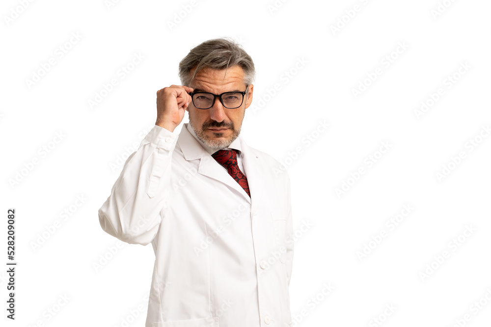 Portrait of senior doctor posing and looking at camera, healthcare and medicine. isolated on white background. Portrait of senior doctor posing and looking at camera, healthcare and medicine. isolated on white background.