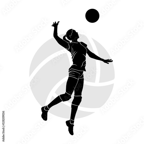 Girl volleyball player jumping and hitting the ball. Silhouette art