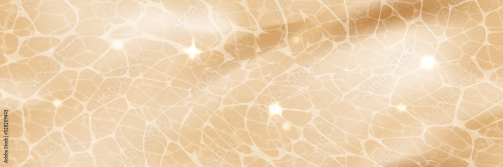 Beige surface top view horizontal background with sunlight glare reflections, shadows, caustic ripples and waves. Clear water texture. Bright vector summer time background.