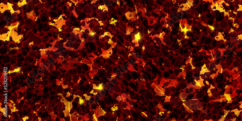 Seamless pattern of magma surface top view. Volcanic lava with cracked ground texture. Hot Broken crust with liquid flame. Abstract vector background. Molten stones. Volcano eruption wallpaper