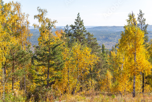 "Sunny valley" ski resort. Autumn landscape from the top of the mountain. South Ural, Chelyabinsk region, Russia