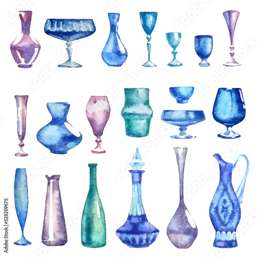 Set of watercolor colorful vase with geometric pattern closeup isolated on a white background