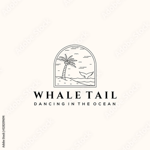 palm tree whale tail ocean line art logo vector minimalist illustration design, palm tree whale tail ocean logo design