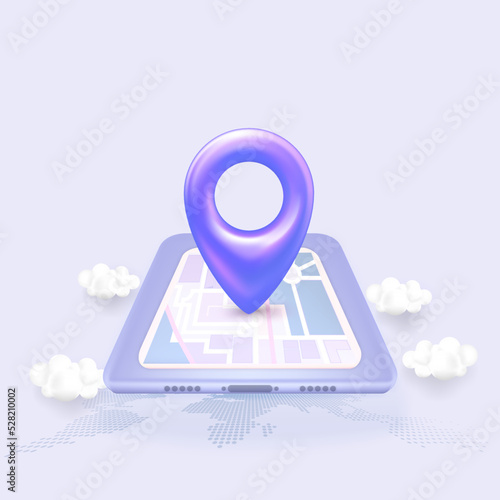 Pin location on mobile map. Checkmark icon. Approvement concept. Geolocation map mark, point location. 3d realistic vector illustration.