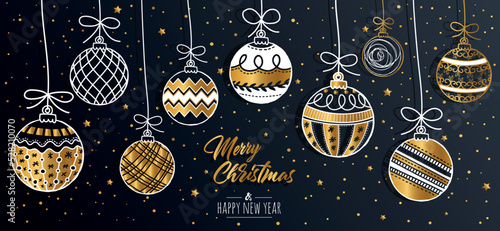 Merry Christmas greeting card set with golden text elements and modern hand drawn baubles. Vector illustration.
