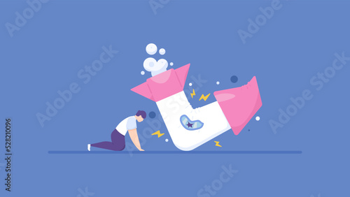 startup business failure. a businessman is depressed because his rocket fell to the ground and was damaged. metaphor of a company experiencing bankruptcy and collapse. business problems and risks