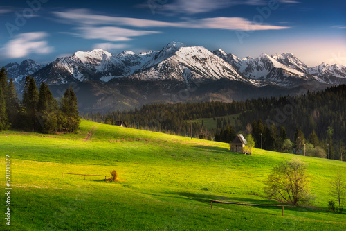 A view of the Tatra Mountains, meadows, pastures, from Polana Szymkówka, near Głodówka. Spring, Poland. Widok na Tatry, góry, łąki, hale, z Polany Szymkówka, koło Głodówki. Wiosna, Poland, Podhale  © Arkadiusz