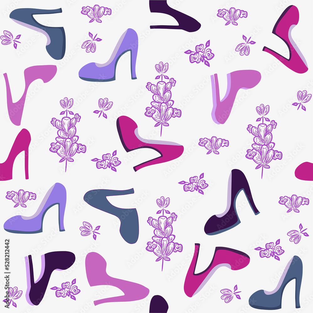 Seamless vector illustration with high heels and lavender flowers. Repeating abstract background. Purple, pink and black. For clothing and bag prints, business notepad, gift design, postcards