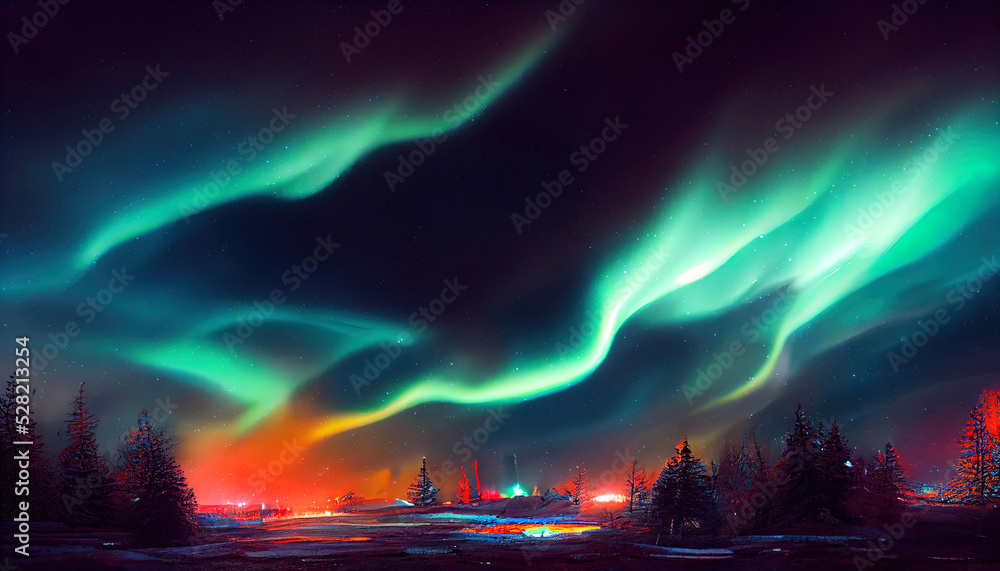 Northern lights over the snowy forest. Abstract illustration art