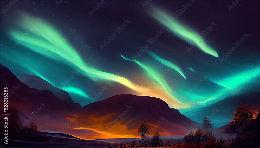 Northern lights over the snowy mountains. Abstract illustration art