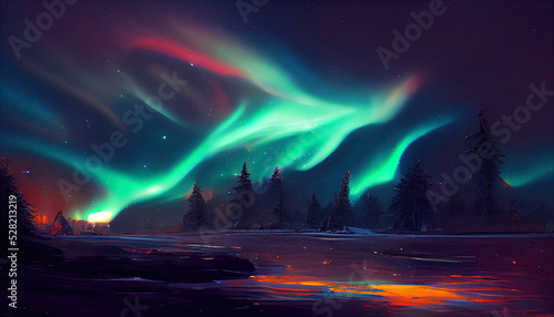 Northern lights over the forest. Abstract illustration art