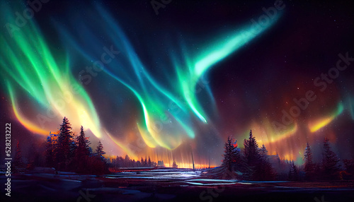 Northern lights over the forest. Abstract illustration art