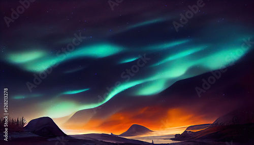 Northern lights over the forest and snowy mountains. Abstract illustration art