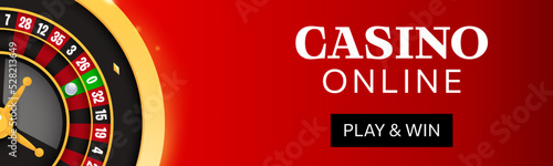 Casino roulette web horizontal banner template on red background. Online casino web vector banner