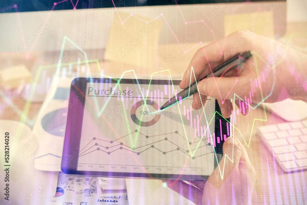 Double exposure of man's hands holding and using a phone and financial chart drawing. Market analysis concept. Double exposure of man's hands holding and using a phone and financial chart drawing. Market analysis concept.