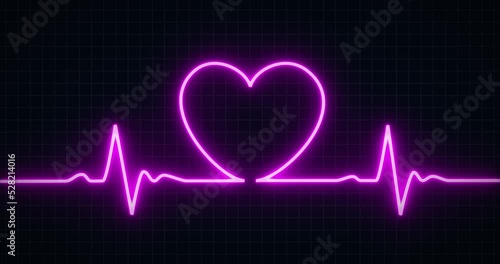 Glowing line chart of heart shaped wave in simple grid background.