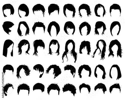 Black silhouettes of different hair styling on a white background