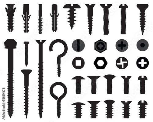 Black silhouettes of wall plugs, bolts, nuts and screws	
