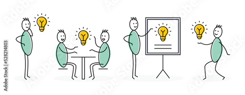 Idea symbol. Set of stick figure with lightbulb symbol vector illustration. Business inspiration concept.