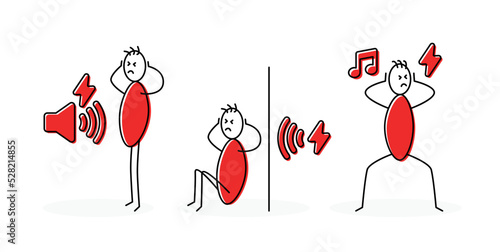 Set of stickman covering ears from the noise. Stressed stick man with headache and noisy people vector illustration. Annoyed and disturbed symbol.