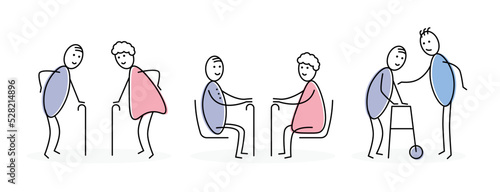 Set of stick figure elder person. Containing senior, retired, grandfather, grandmother and old people. Vector illustration.