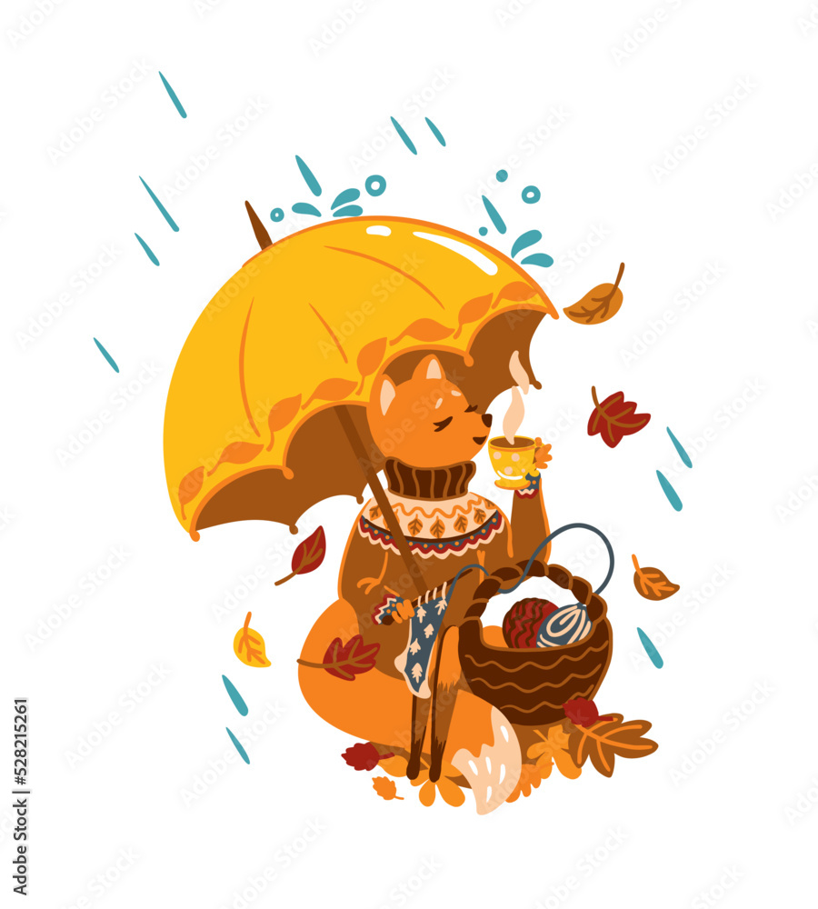 Cute fox knitting a socks and drink hot tea on the autumn forest. Autumn season. Vector illustration. Cute fox knitting a socks and drink hot tea on the autumn forest. Autumn season. Vector illustration.