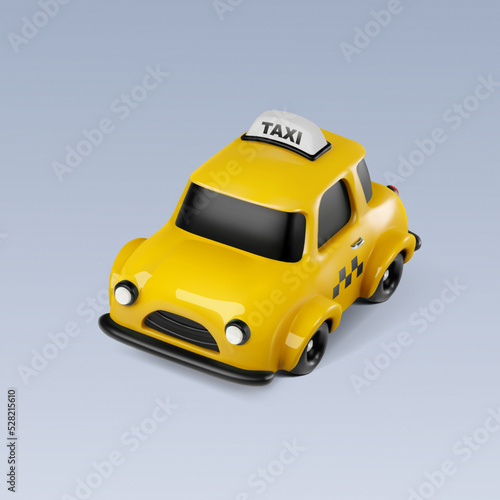 Vector 3d cartoon toy city taxi vehicle on gray background. Isolated yellow cab design element.