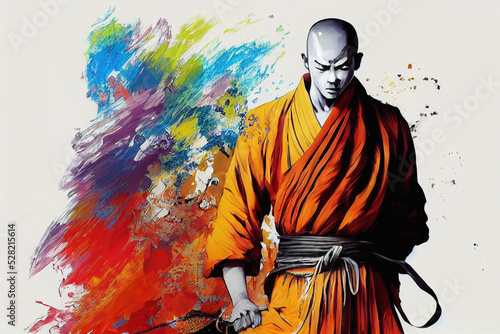 Fototapet Abstract Shaolin monk portrait with colorful paint splash background, digital il