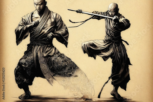Valokuva Two Wushu masters in dynamic pose, digital illustration