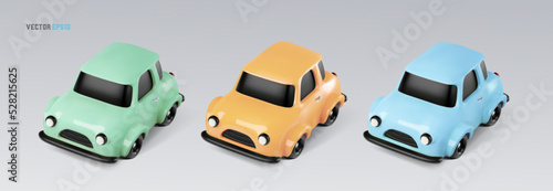 Vector 3d cartoon colorful toy vehicle cars on light background. Collection of mini model cars