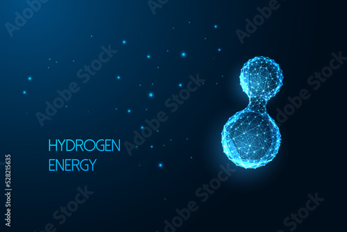 Hydrogen molecule microscopic view on dark blue background. Alternative energy sources concept. 