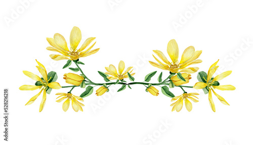Yellow water lily blooming watercolor frame border. Template for decorating designs and illustrations.
