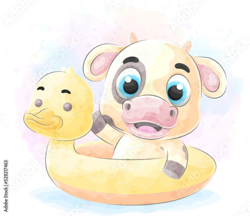 Cute doodle a cow is swimming with watercolor illustration