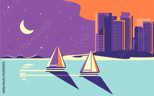 Beautiful seascape. Yachts or a sea regatta sail or compete against the backdrop of the evening or night sky. Near the city landscape