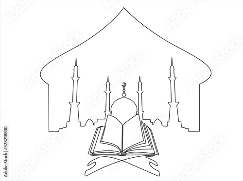 Single continuous line drawing of open Quran, holy book muslim, on placemat and mosque. Islamic holy day Ramadan Kareem and Eid Mubarak greeting card concept one line draw design vector illustration photo