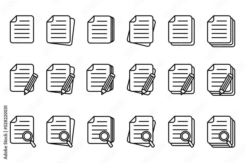 Document icon. Document with pencil, magnifier loupe business concept, vector isolated. Document icon. Document with pencil, magnifier loupe business concept, vector isolated.
