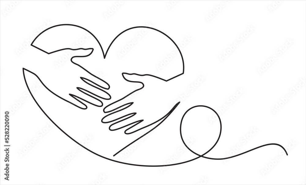 continuous line drawing of hand hugging heart, hug. Vector continuous line drawing of hand hugging heart, hug. Vector