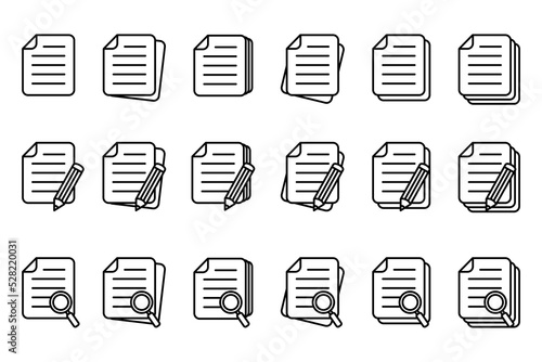 Document icon. Document with pencil, magnifier loupe business concept, vector isolated.