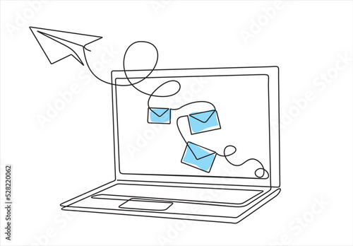 Laptop and envelopes e mail list building illustration continuous one line art illustration. Can used for logo, emblem, slide show and banner. Illustration with quote template. 