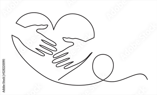 continuous line drawing of hand hugging heart, hug. Vector