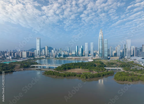 Drone fly over Shenzhen city central business district  aerial panorama China.