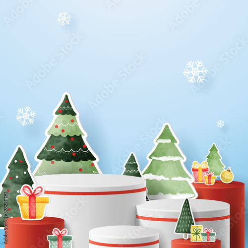 Podium for show product display.winter Christmas decoration on blue background with tree xmas. 3D vector
