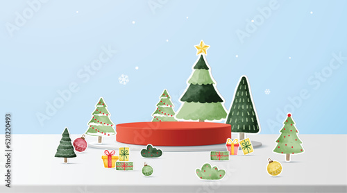 Podium for show product display.winter Christmas decoration on blue background with tree xmas. 3D vector
