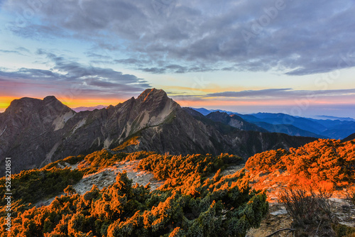 Landscape View of Yushan Main Peak And Tongpu Valley From the North Peak of Jade Mountain At Sunrise, Yushan National  Park, Chiayi Taiwan