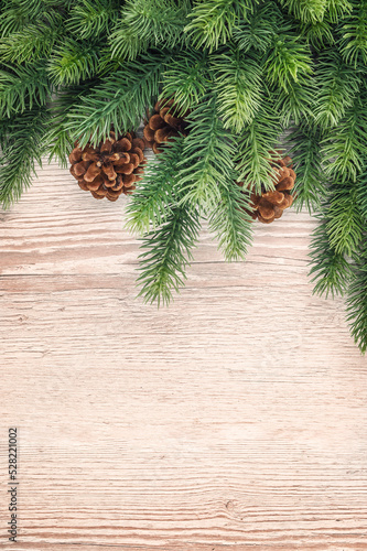 Fir branches with cones and red berries on light board background. Christmas.Flat lay, winter concept with copy space.