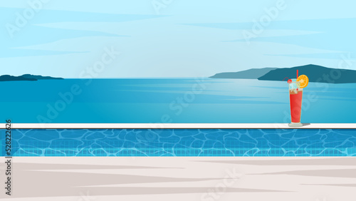 Poolside red cocktail served cold at pool bar. Vector Illustration