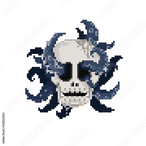 Pixel art spooky skull head with squid tentacles.